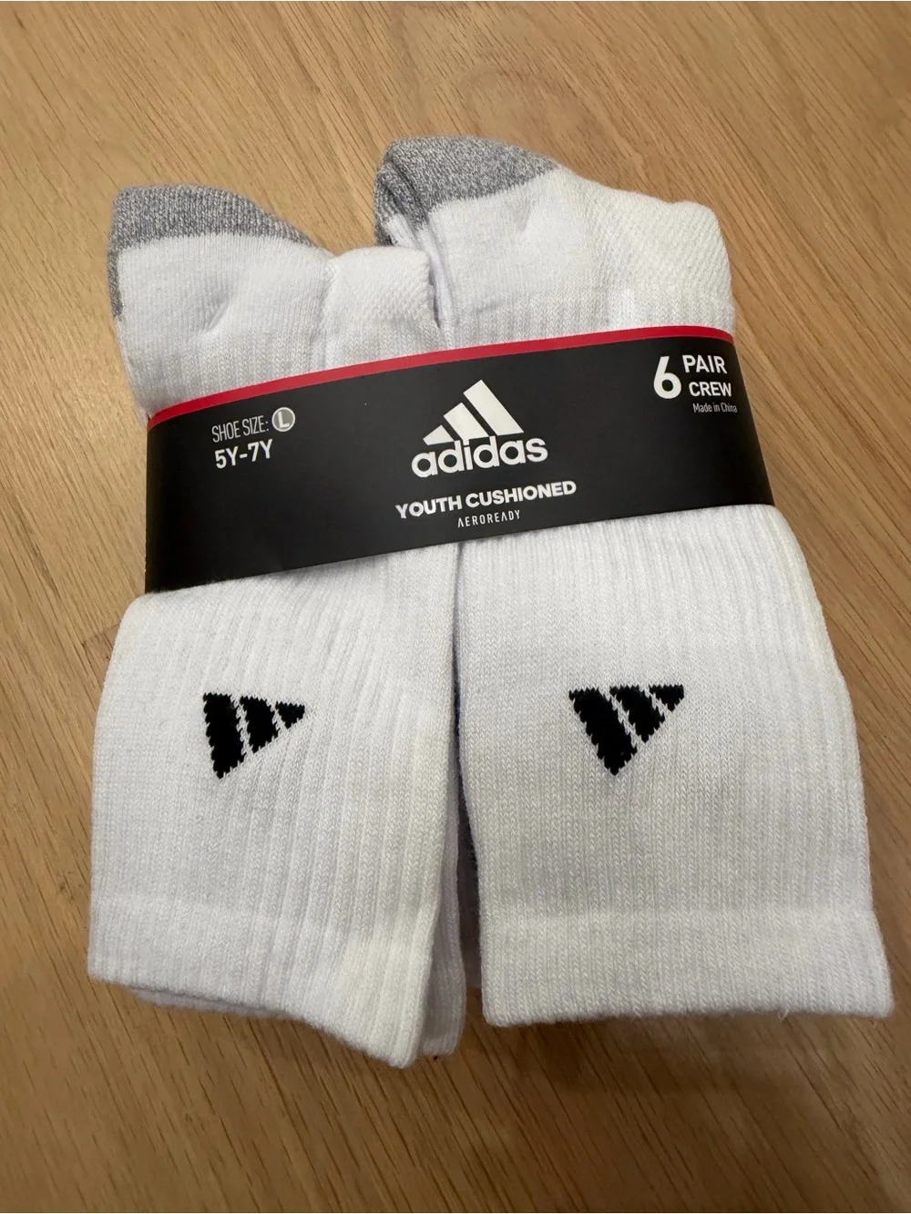 adidas White Crew Athletic Socks with Gray Accents - Youth 6 Pack